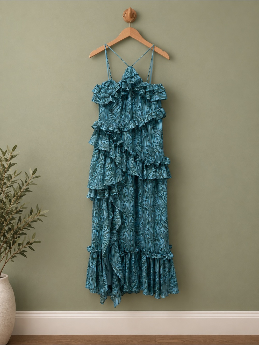 Cinq a Sept Celeste Teal Multo Ruffle-Detail Maxi Dress